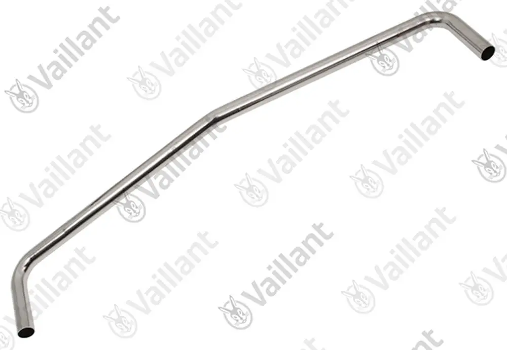 Vaillant Rohr aus Edelstahl mit gebogener Form, geeignet für Speicherverrohrung. Zwei offene Enden zur Verbindung oder Installation.